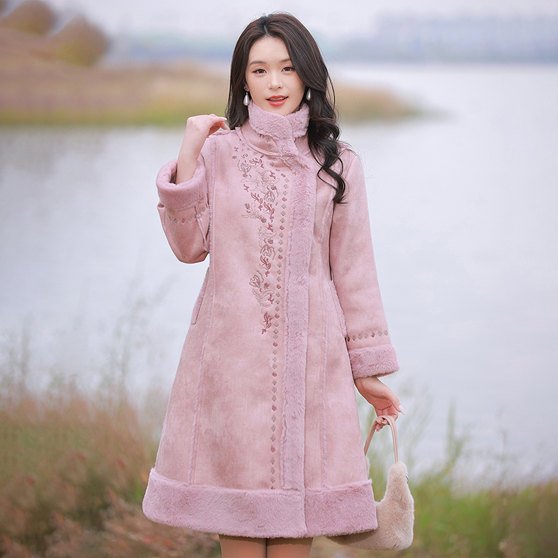 烟花烫国风气质暗粉色刺绣外套女秋冬中长加绒保暖加厚大衣 澄明