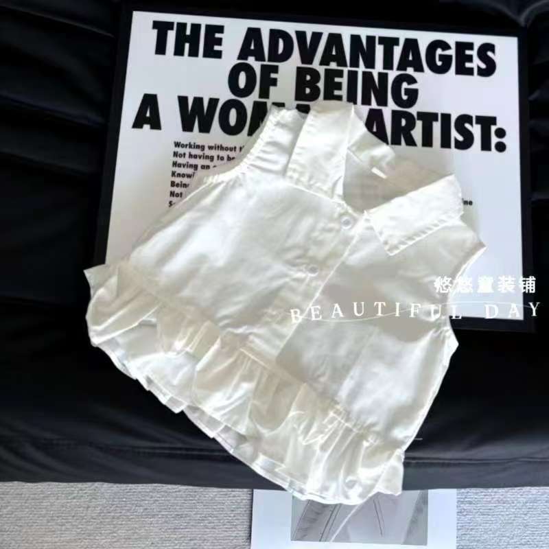 女童夏季新款无袖衬衫上衣单排扣女宝宝翻领背心薄款荷叶边T恤