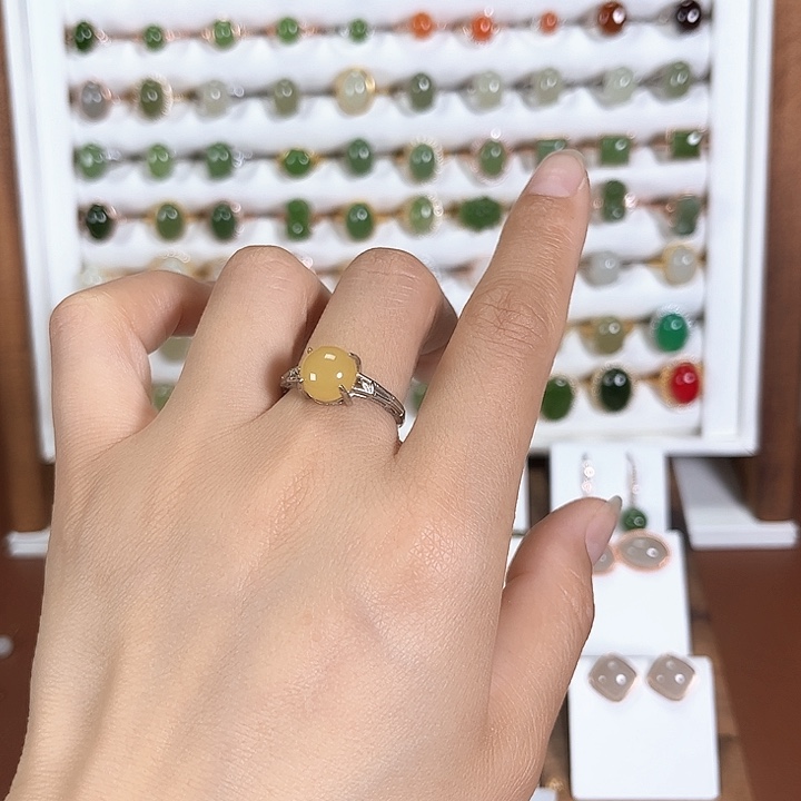 和田玉戒指银S925镶嵌黄龙