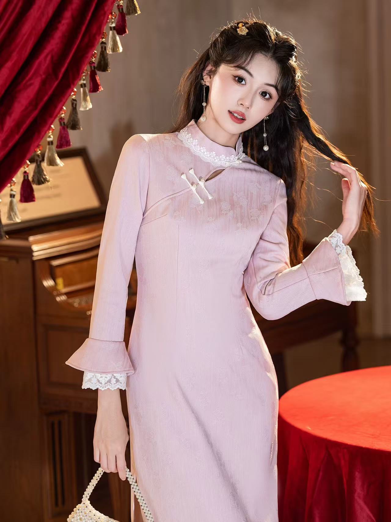 年轻款冬款加绒改良版粉色『粉玉瑶』旗袍