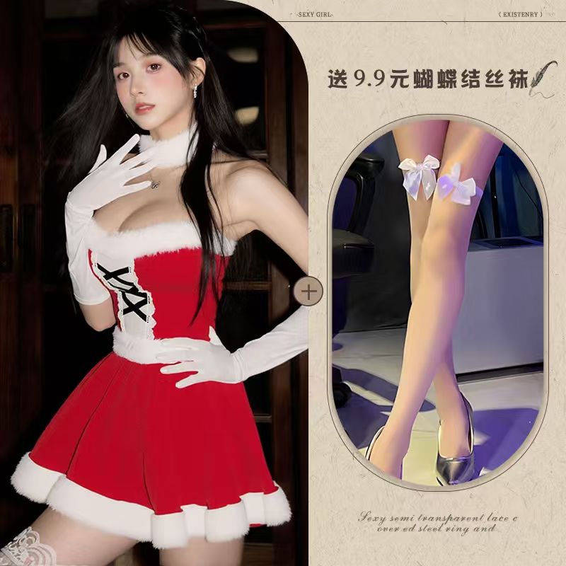 圣诞装可爱毛绒激情修身女制服套装兔女郎包臀美背