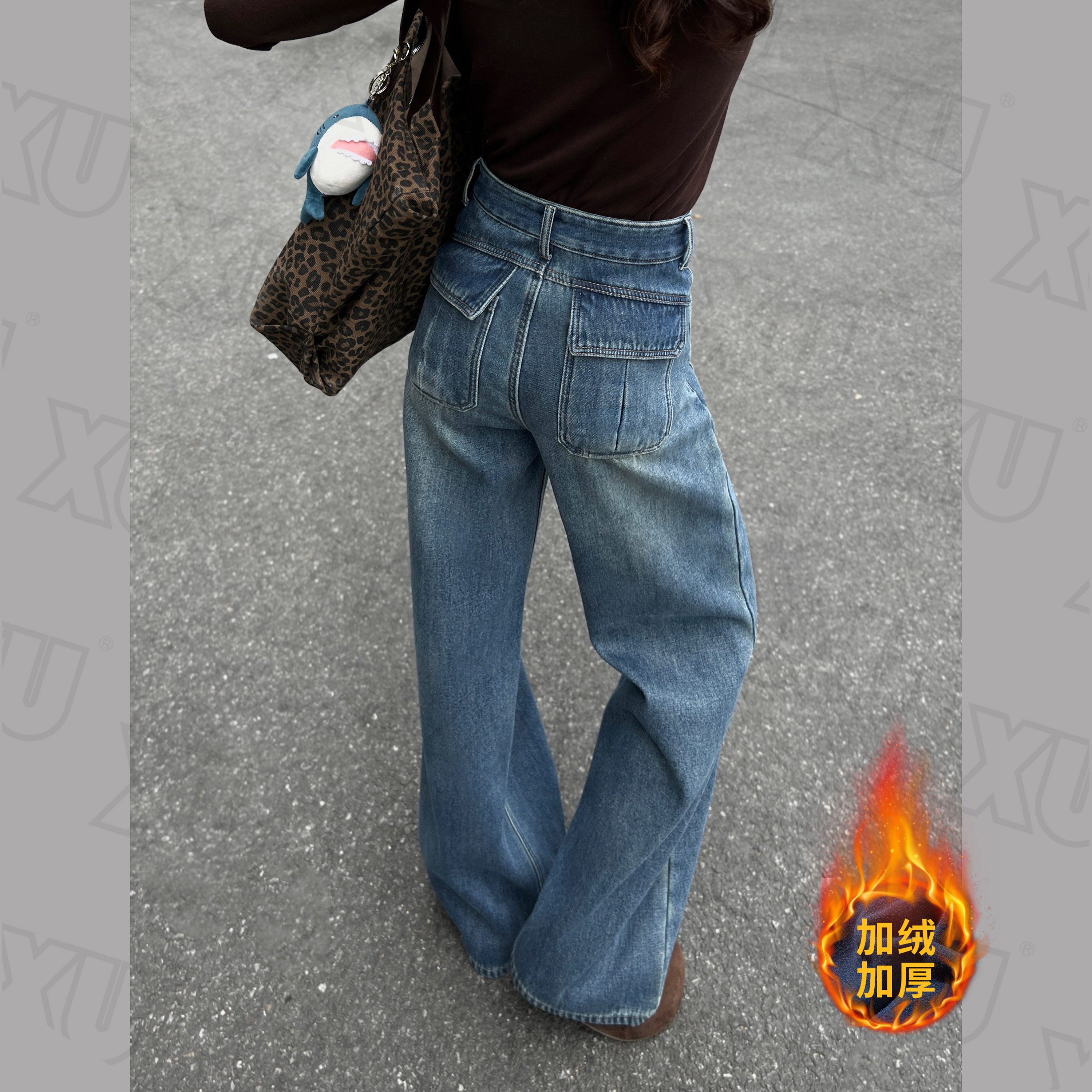 7630 W【加绒/不加绒】秋冬新款阔腿牛仔裤女新款时尚复古直筒裤子