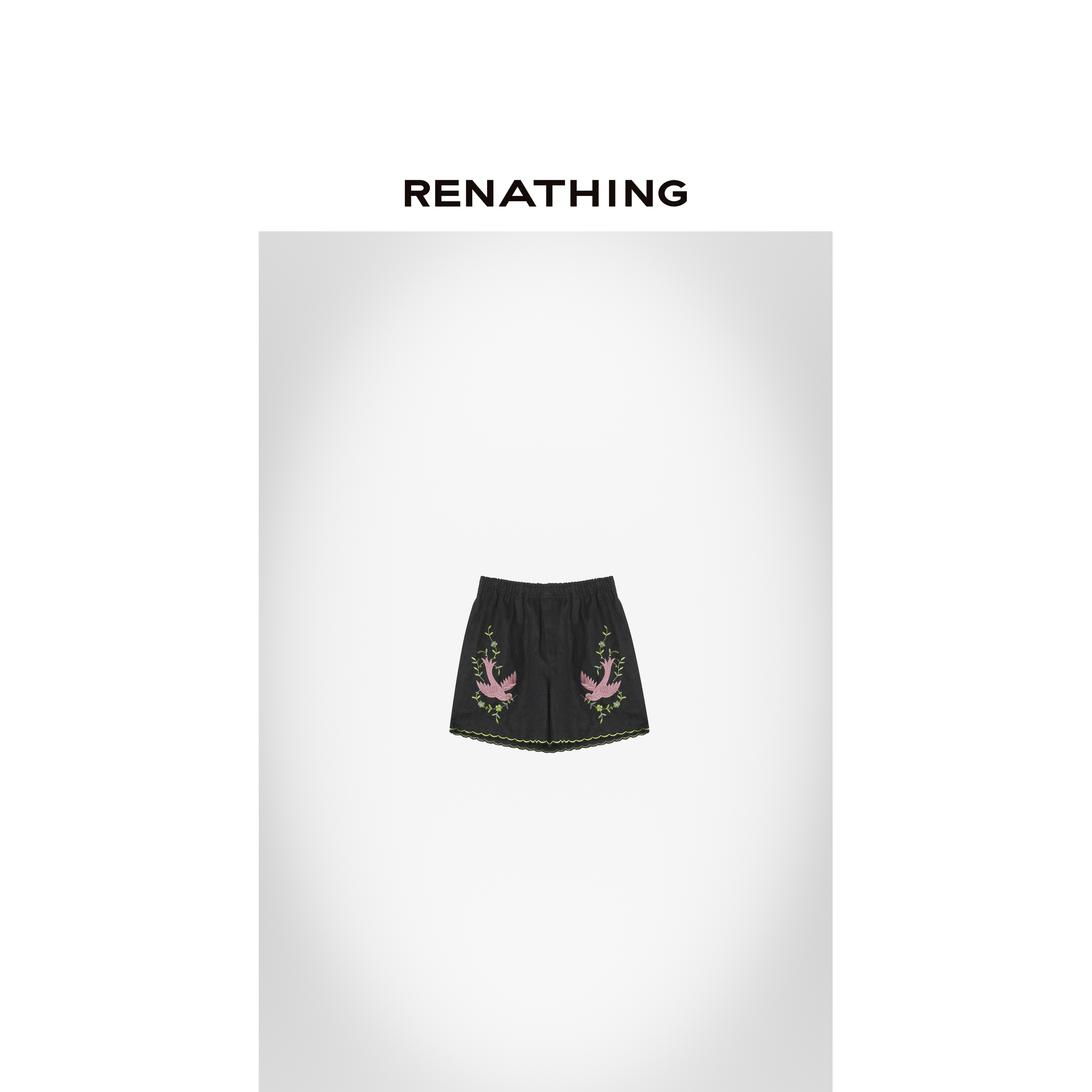 【RENATHING】设计感松紧腰刺绣印花短裤