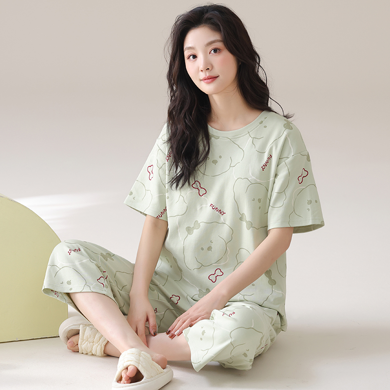 【带胸垫】2025新款短袖七分裤女士纯棉绿色熊圆领睡衣家居服套装