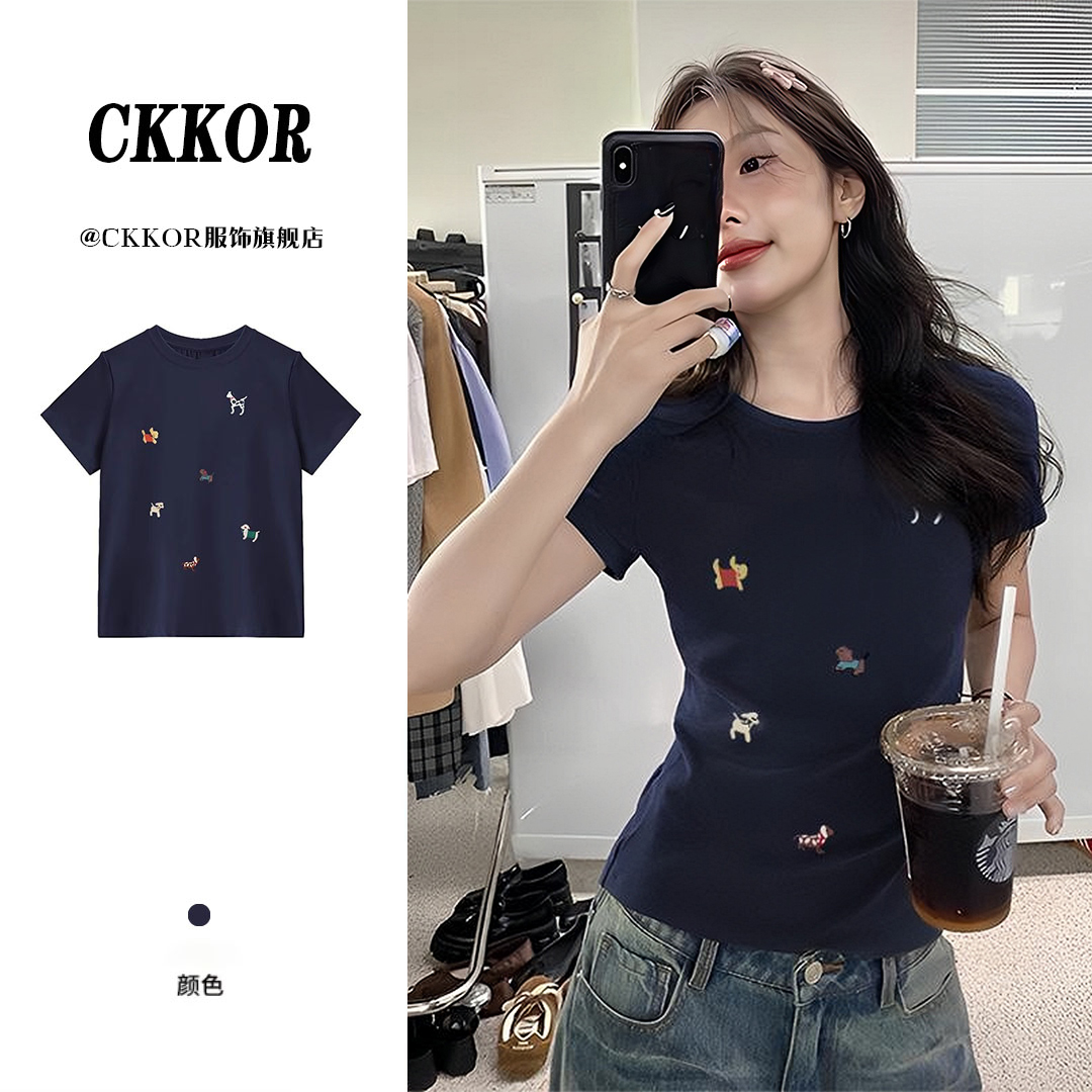 CKKOR夏季新款复古显瘦穿搭短袖女t恤卡通小狗印花设计感小众上衣