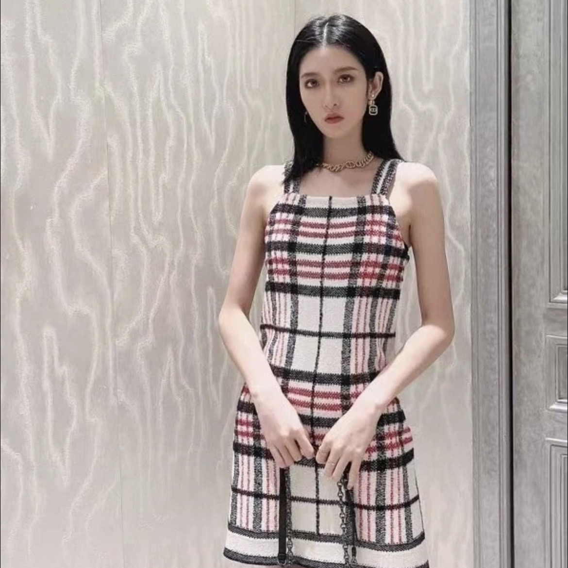 99新 DIOR/迪奥 A100279/格纹吊带连衣裙/34码