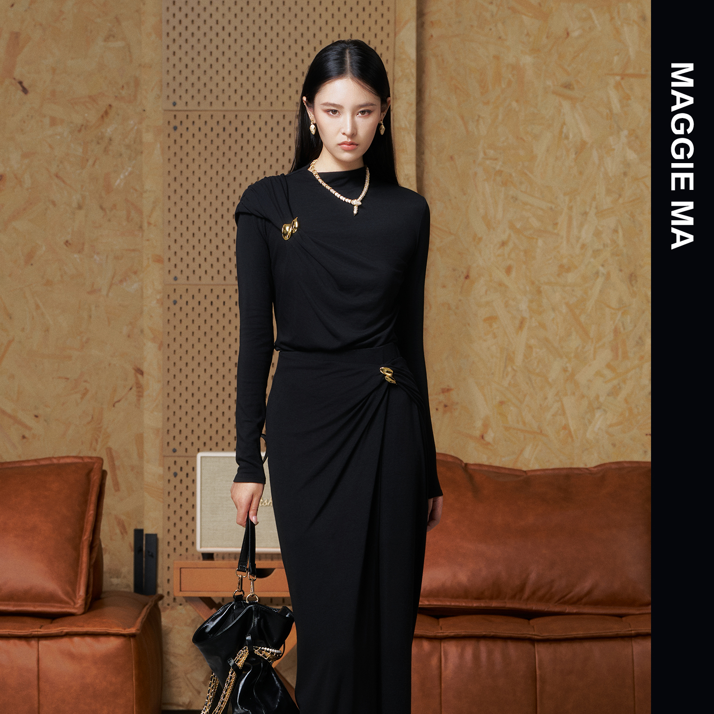 MAGGIE MA马婧设计师款黑色捏褶层次感优雅气质套装裙708S/709B