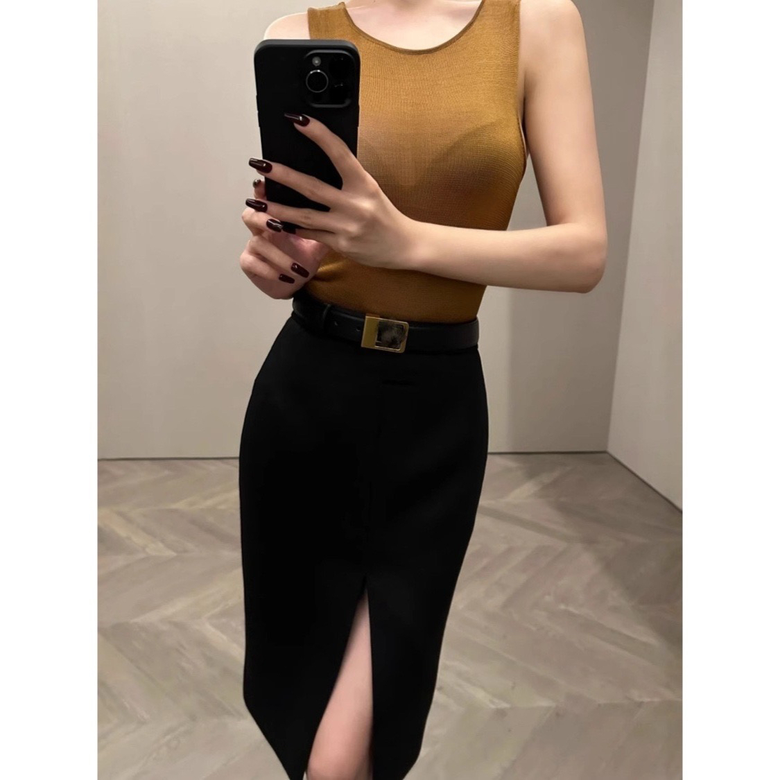 樺仔 杨树林包臀廓形黑色半身裙中裙百搭开叉显瘦气质高腰