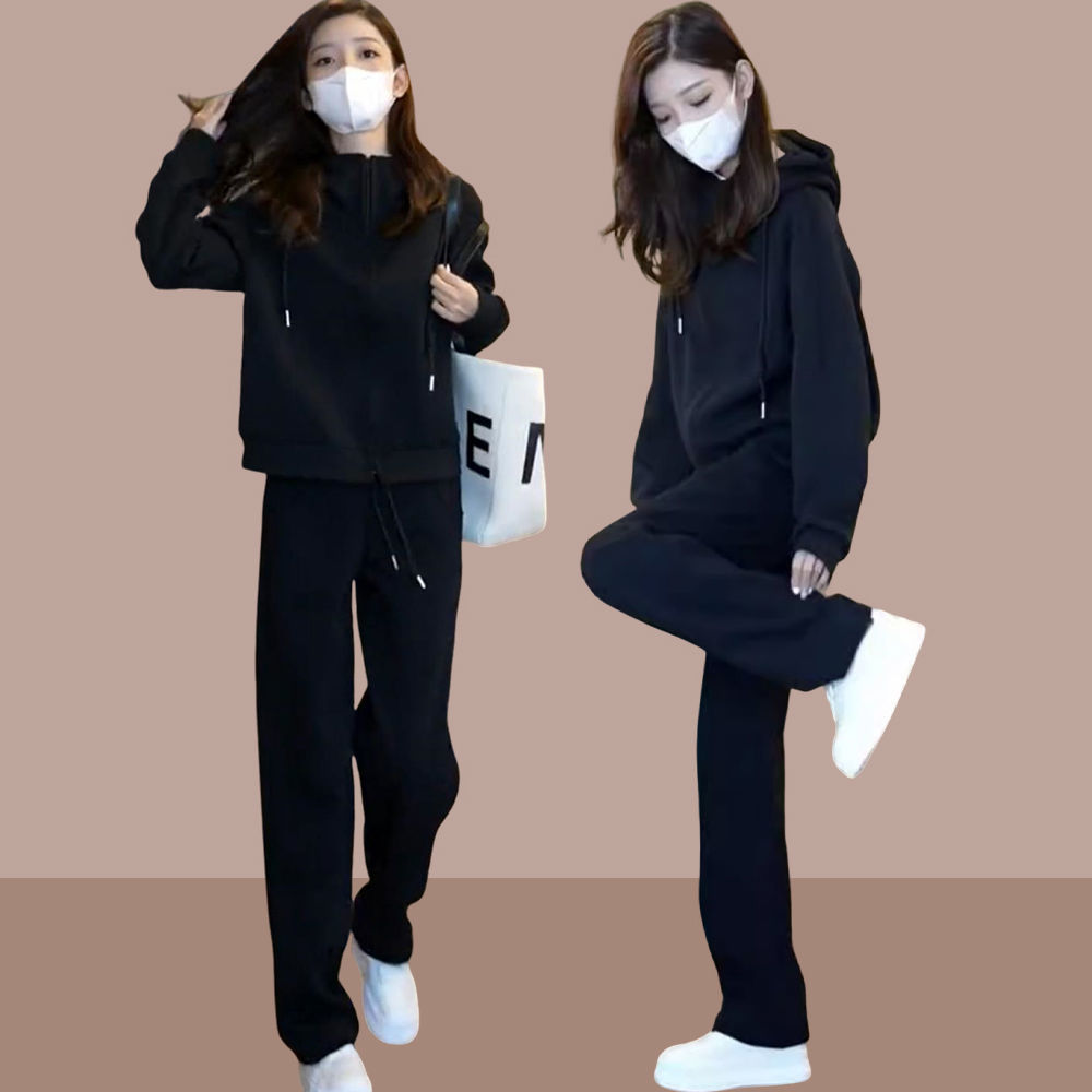 微胖mm休闲卫衣套装女士秋冬季加绒加厚大码宽松显瘦妈妈装运动服