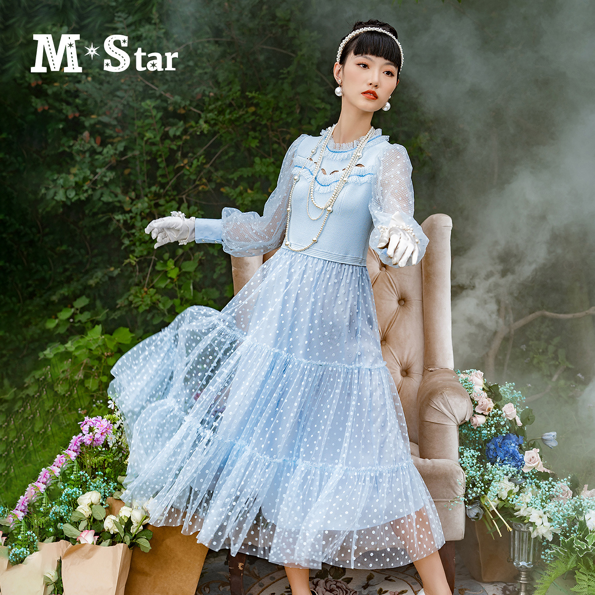 【蜜思仝】M-Star法式浪漫网纱长袖连衣裙SFEL111622