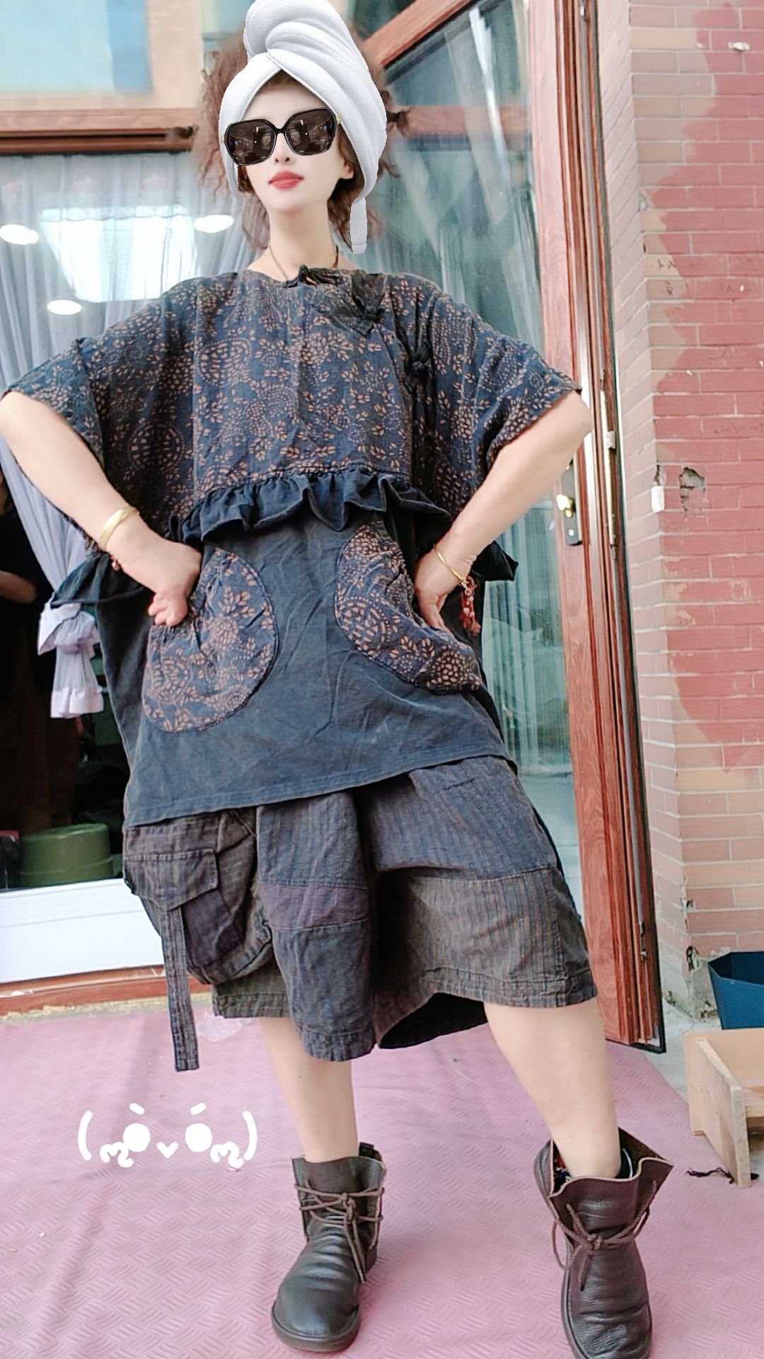 无吊牌磨白做旧黑拼兰花盘扣衫