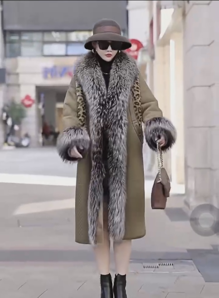 欧美狐狸毛领羊皮毛一体外套女中长款真皮皮草大衣冬