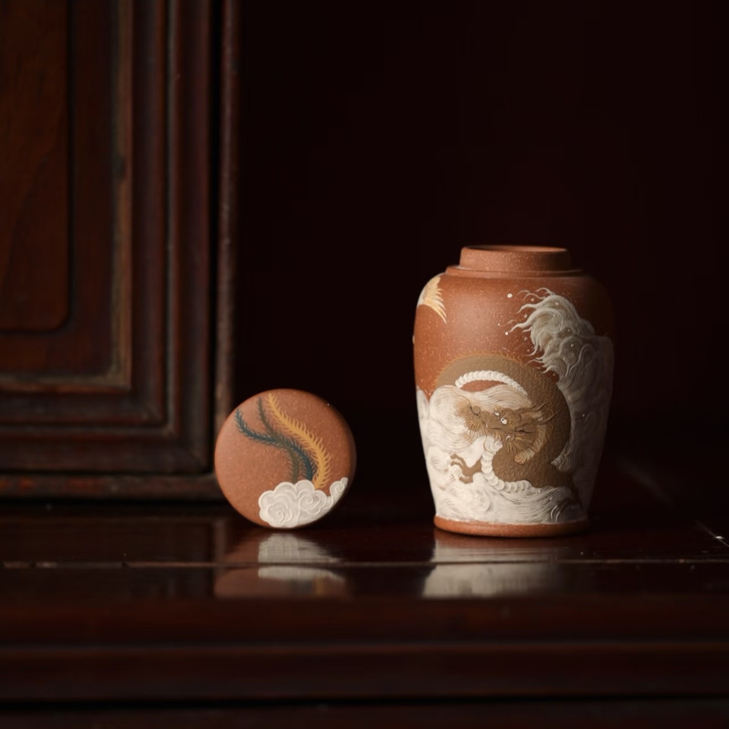 段泥紫砂茶叶罐龙凤泥绘