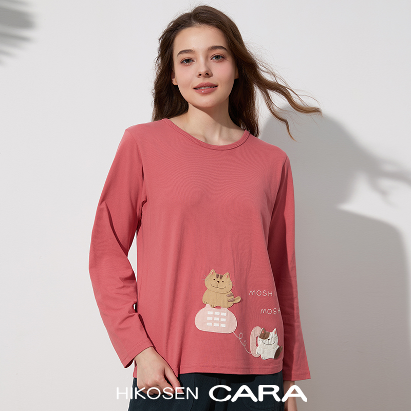 HIKOSEN CARA卡拉猫电话猫咪长袖T恤春季圆领日本潮牌宽松女上衣