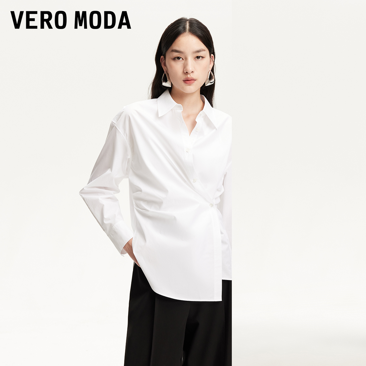 Vero Moda衬衫2025纯棉不规则纽扣褶皱小众炸街高级感女装洋气