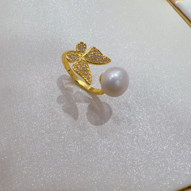 铜合金戒指 锆石蝴蝶设计开口珠珠时尚礼物戒指#980