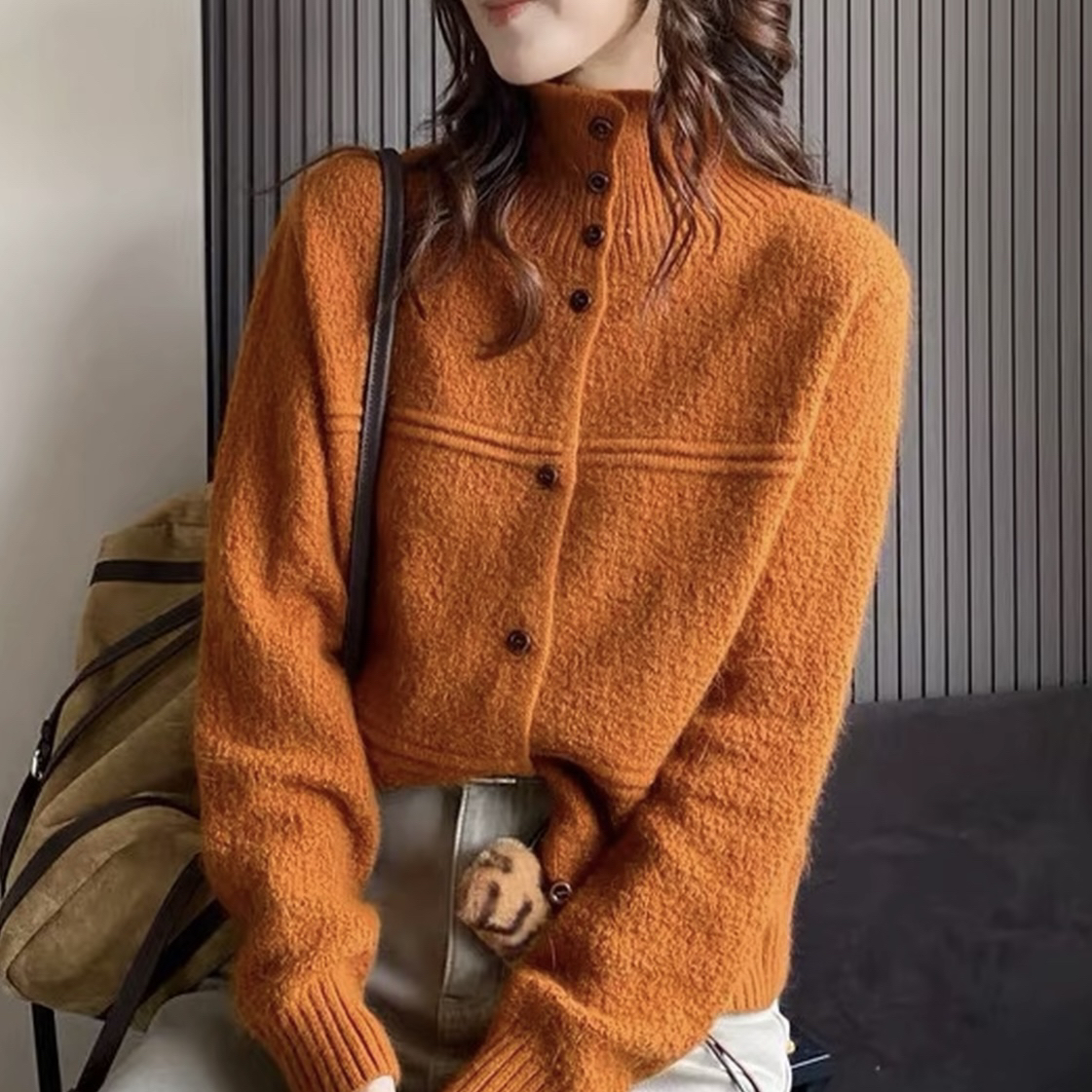 韩系高级感立领毛织开衫秋冬新款温柔风纽扣长袖针织外套