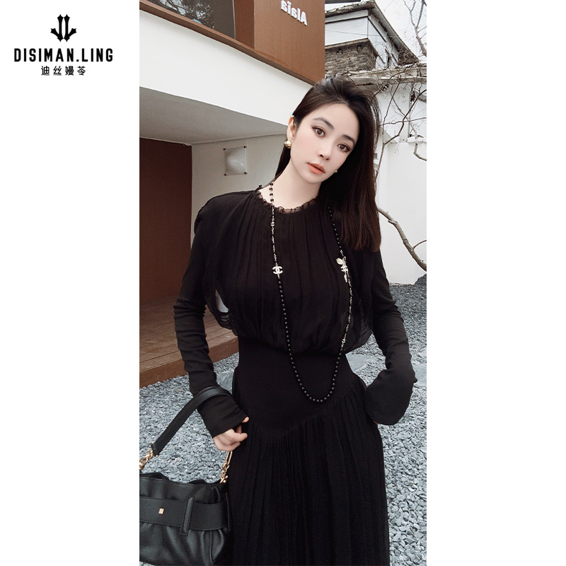 【迪丝嫚苓】100%桑蚕丝梭织黑色修身连衣裙显瘦原创设计晚宴场合