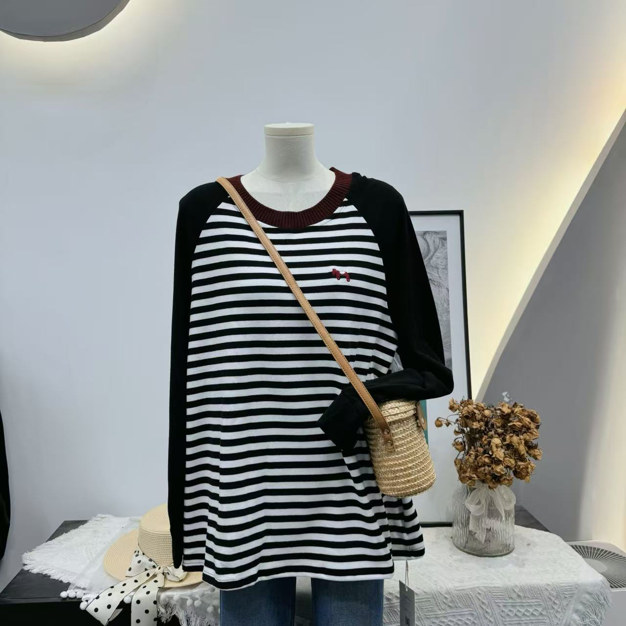 [易小慧]条纹宽松大版加厚T恤打底衫