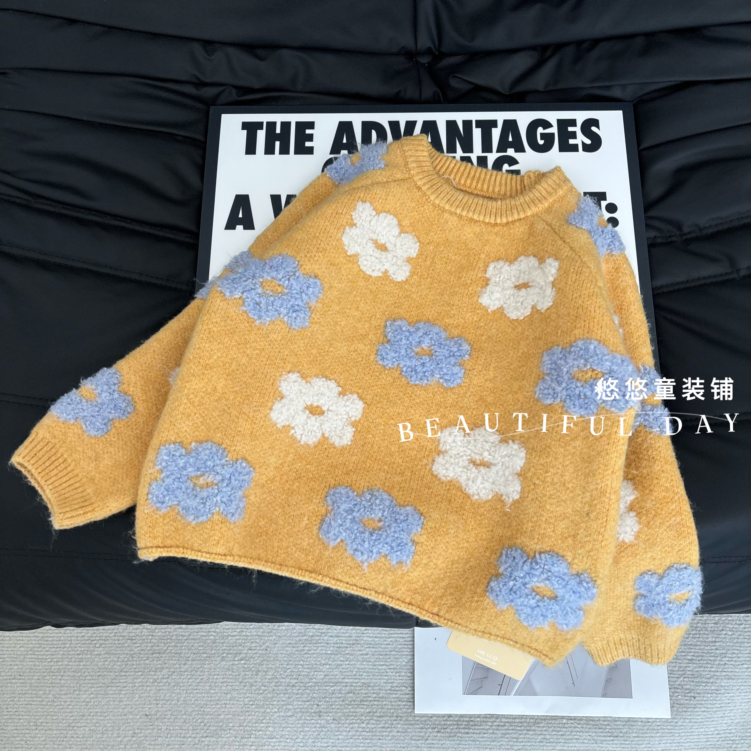 女大童花朵圆领厚款女长袖毛衣秋冬加厚时髦洋气可爱韩版毛衣上衣