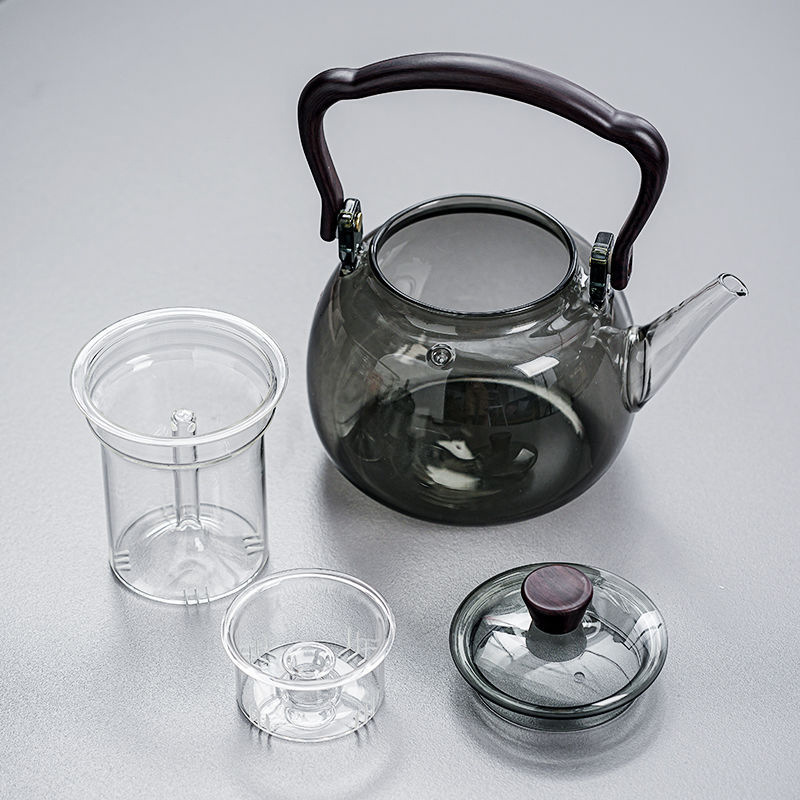围炉煮茶壶高硼硅玻璃烟灰色提梁壶蒸煮一体内胆泡茶壶1000毫升