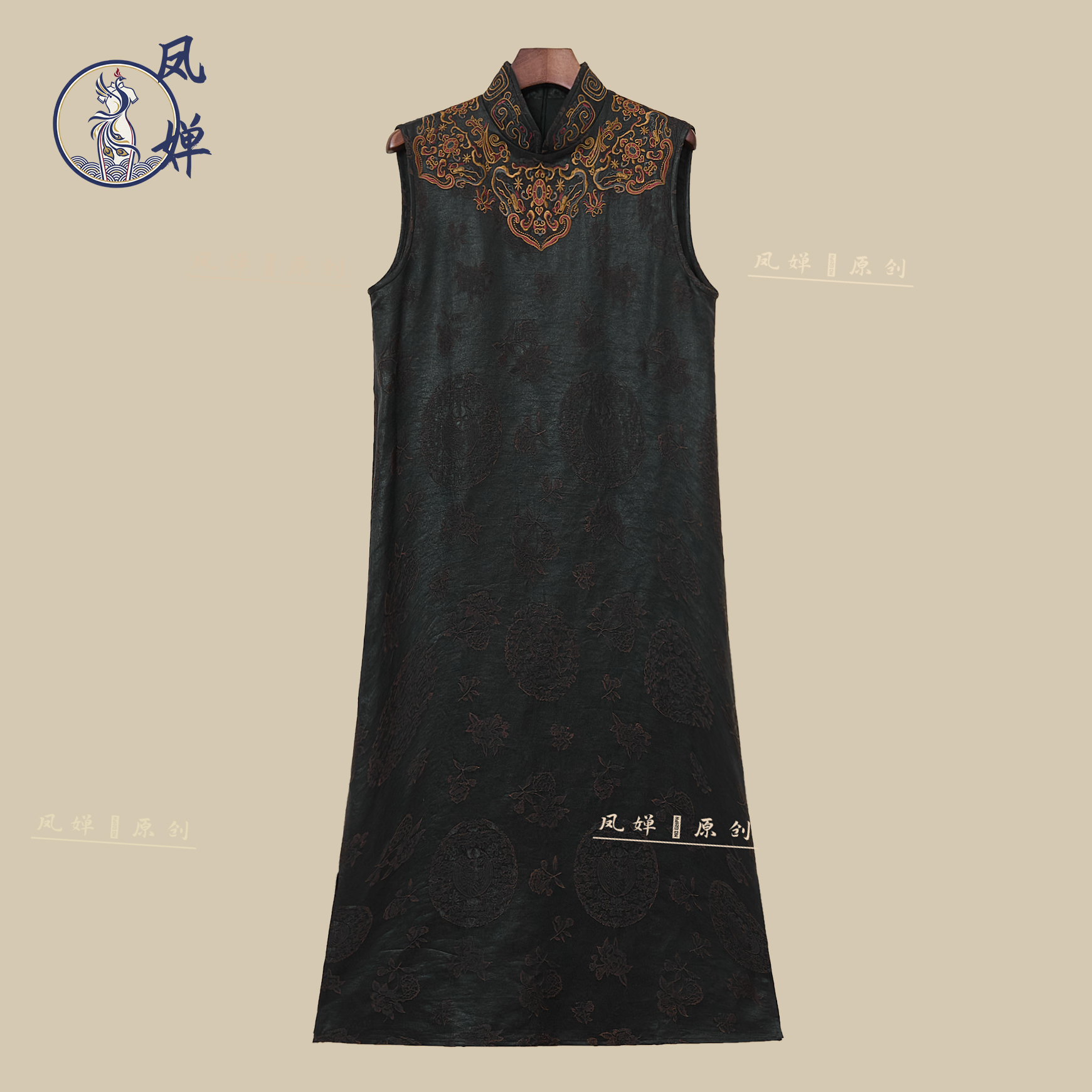 【福瑞锦花祥韵裙】凤婵·原创 国风中式手绣香云纱无袖连衣裙