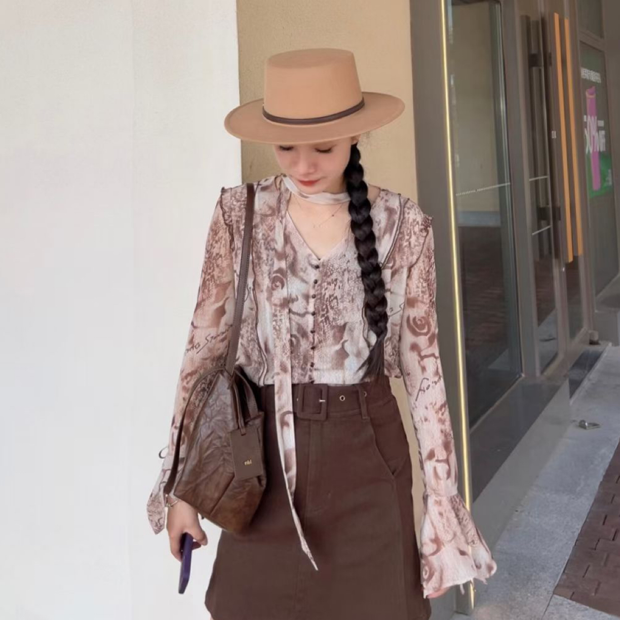 秋季甜美显瘦异域风情印花衬衣