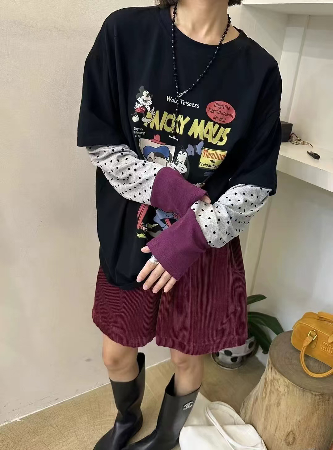 印染卡通动漫米奇印花T恤时尚套头潮流假两件t恤