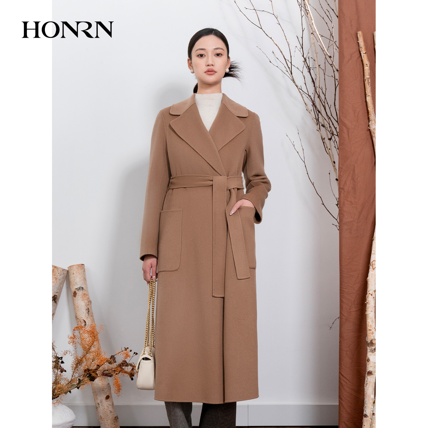 HONRN/红人中长款系带收腰双面羊毛呢子大衣外套女秋冬HI55OD752