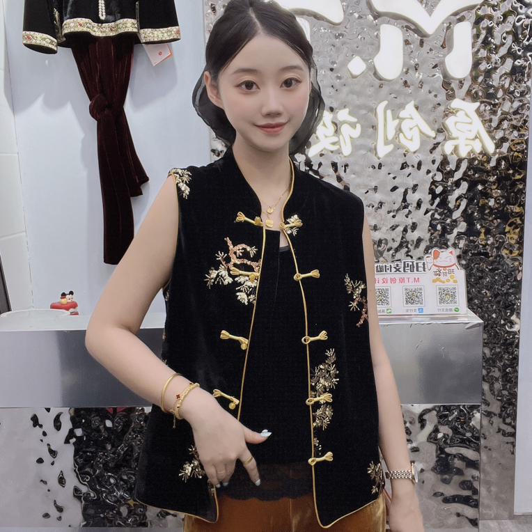 新中式国风发财树亮片串珠民族风丝绒马甲女
