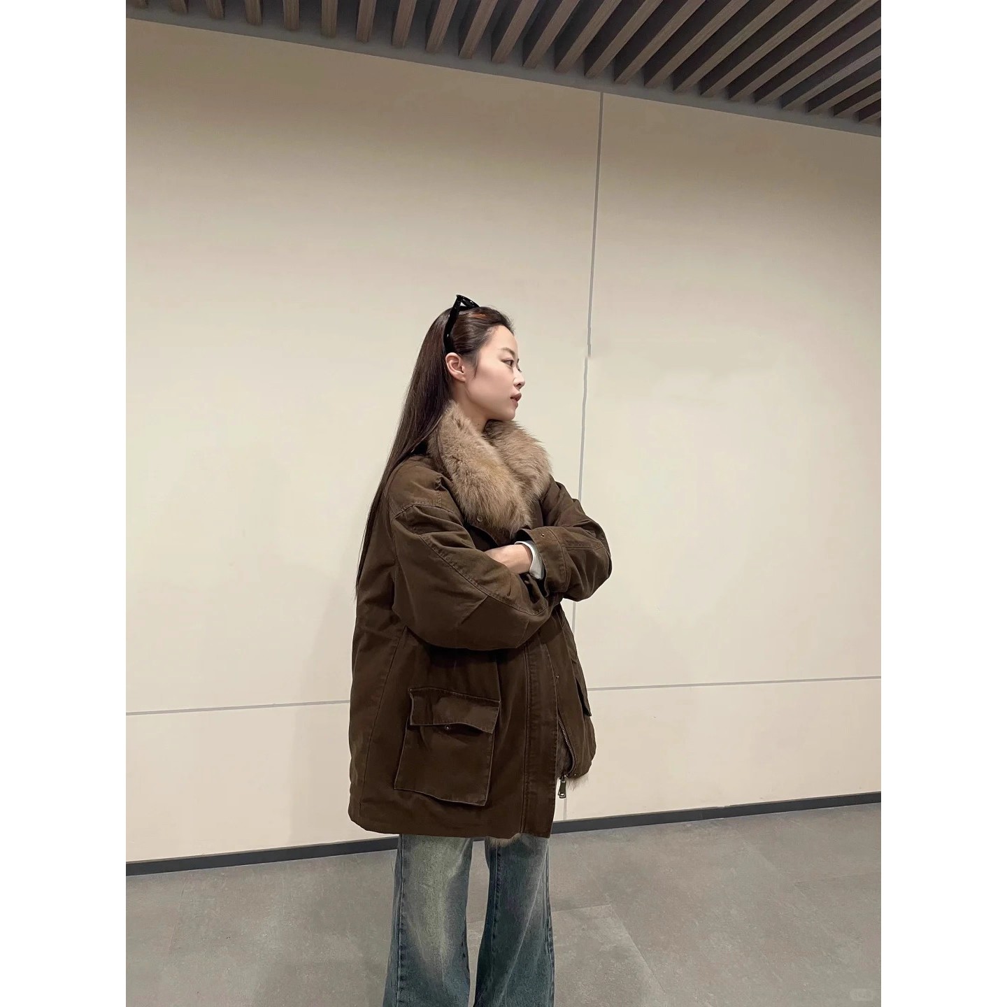 美式工装风毛领派克服女冬季新款宽松保暖外套复古高级感棕色棉服