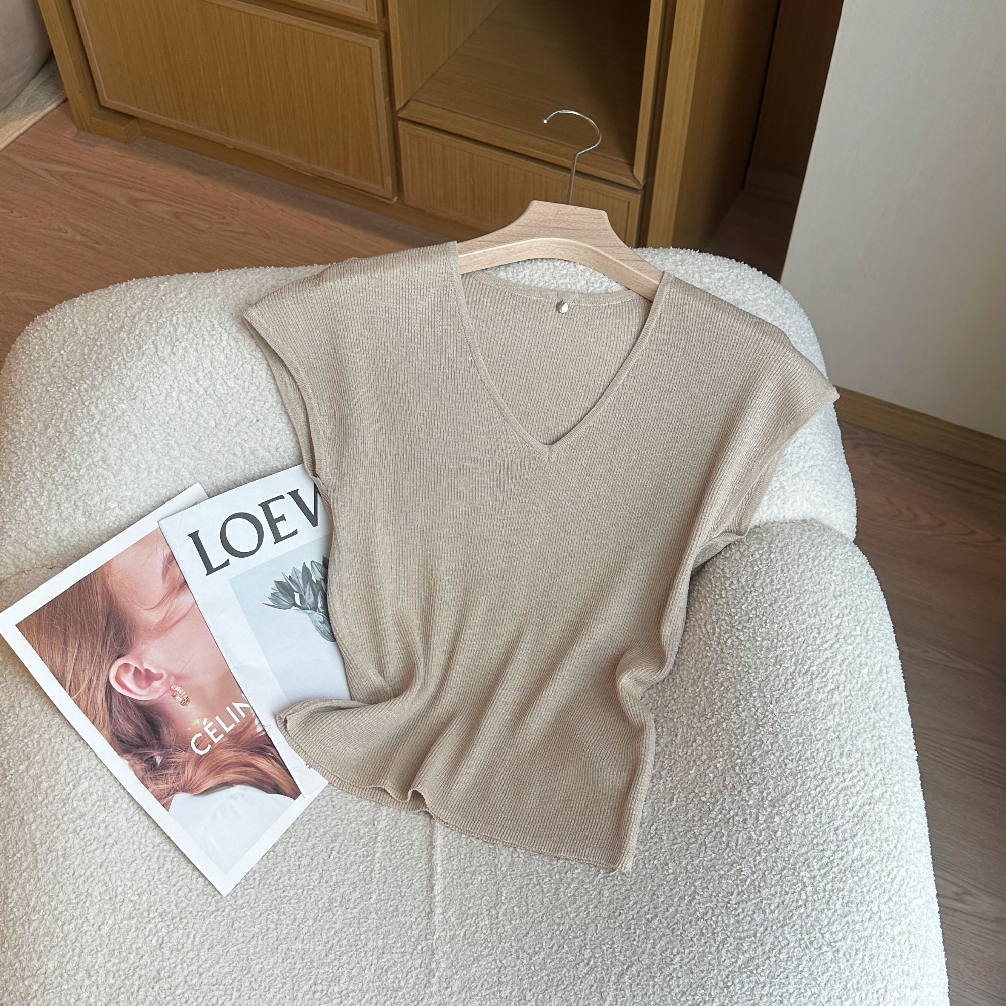 【婷婷推荐】25618 韩系夏季V领修身纯色冰丝针织短袖T上衣