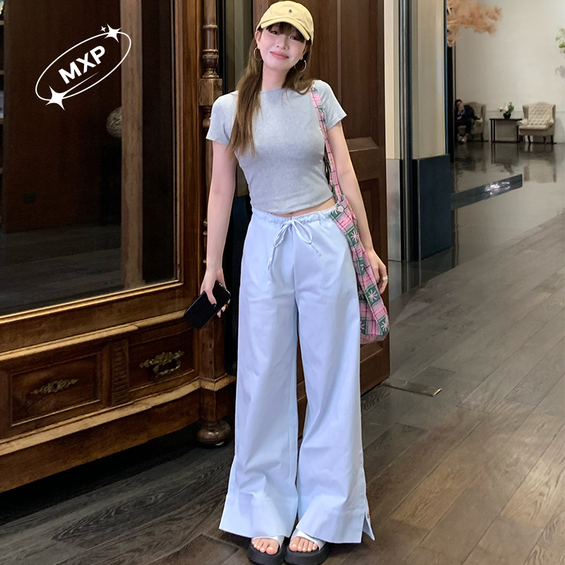 喵小仆MXP休闲裤女低腰春夏条纹蕾丝花边慵懒抽绳垂感宽松阔腿裤