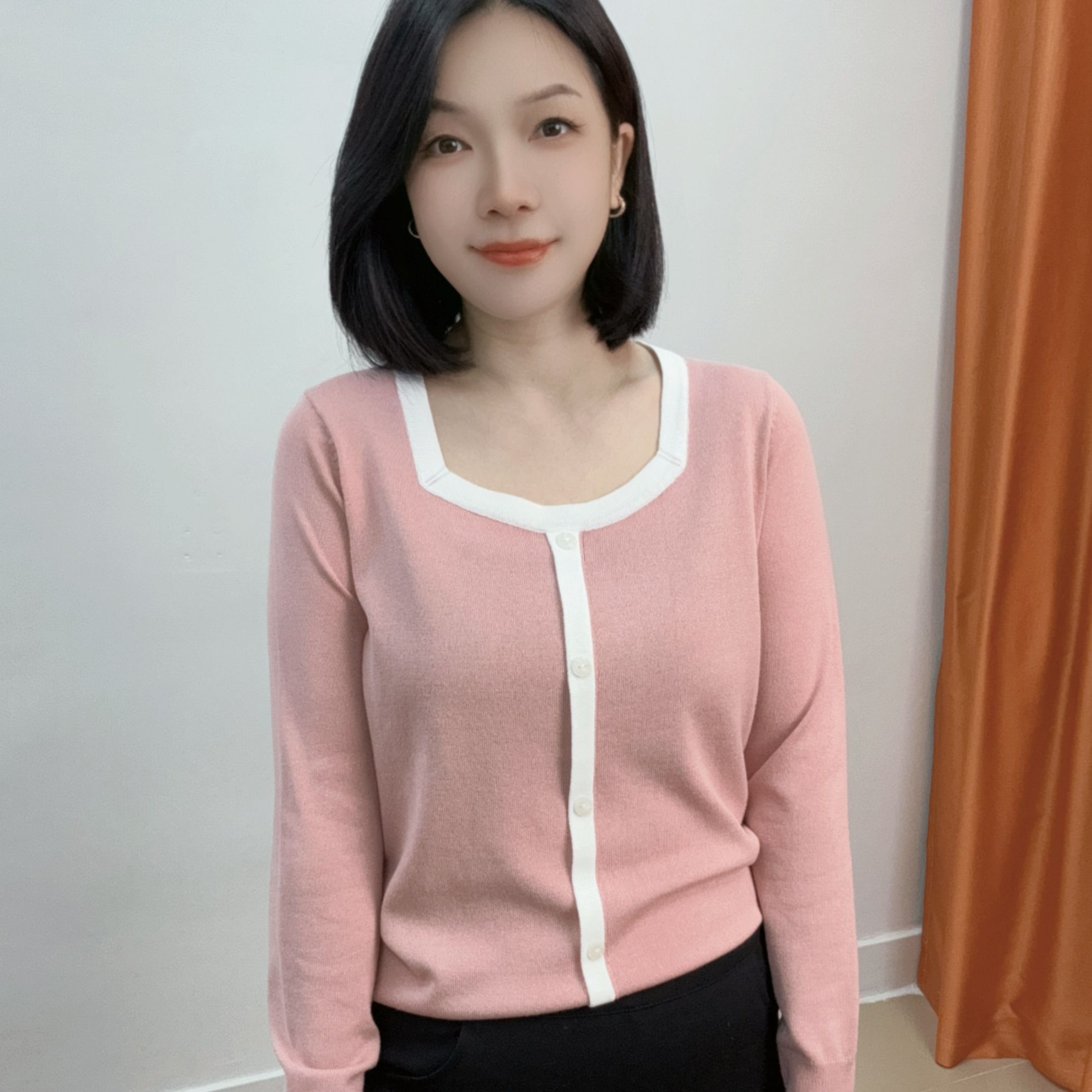 4634春季新款【大米家】方领单边长袖拼色领型假开衫单排扣上衣女款