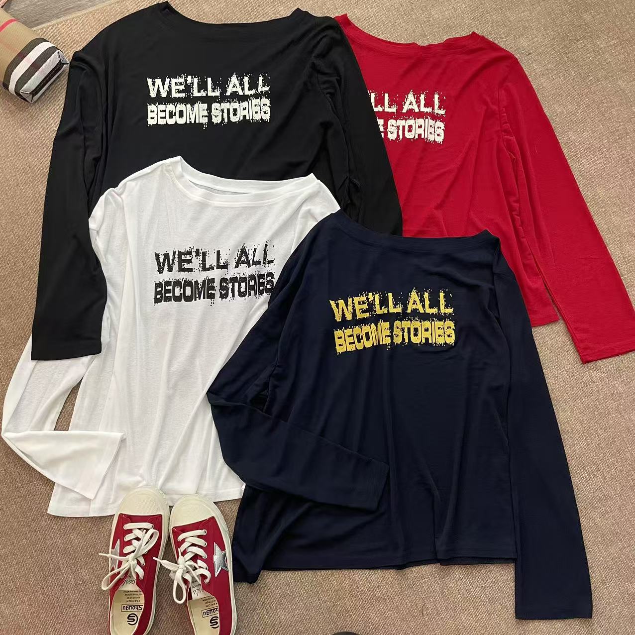 【故事会】夏季新款撞色字母印花宽松斜肩长袖T恤薄款防晒上衣