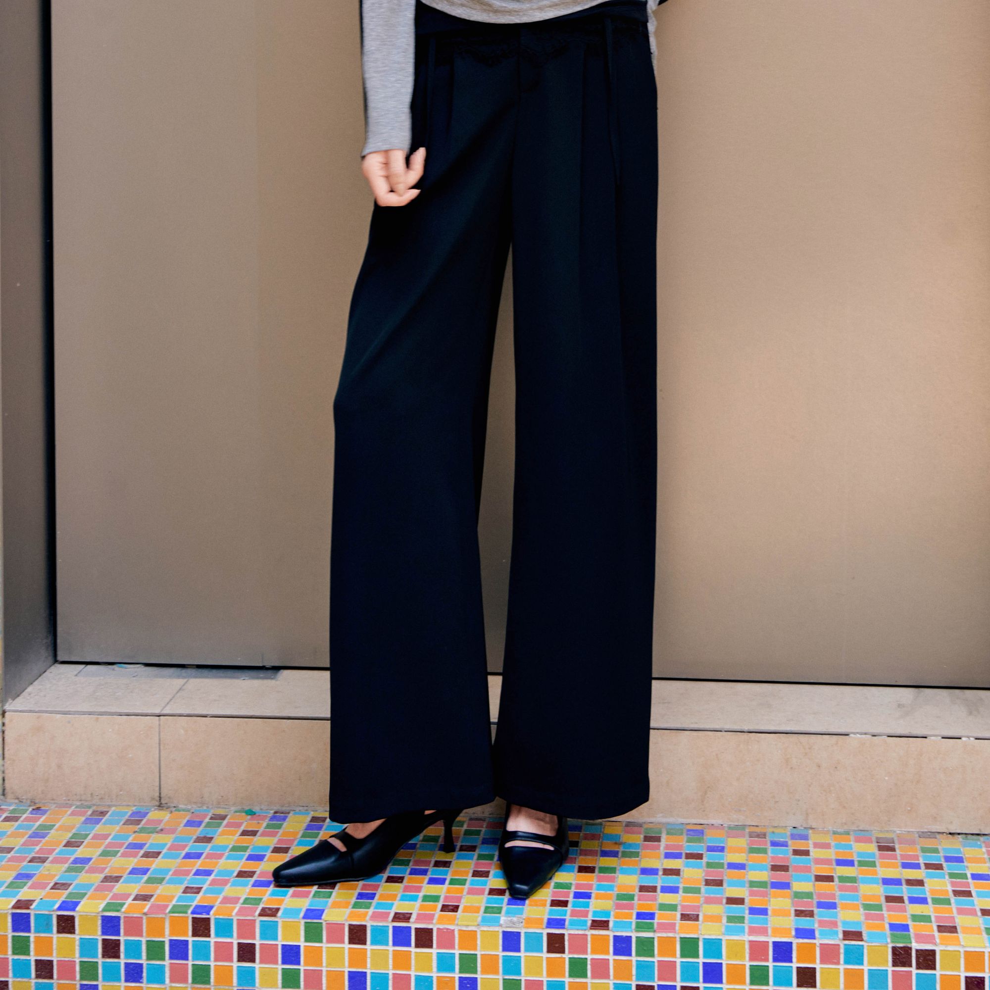 俪妍【LIVELY·YAN】25早秋款阔腿裤18029百搭黑色高腰气质显瘦