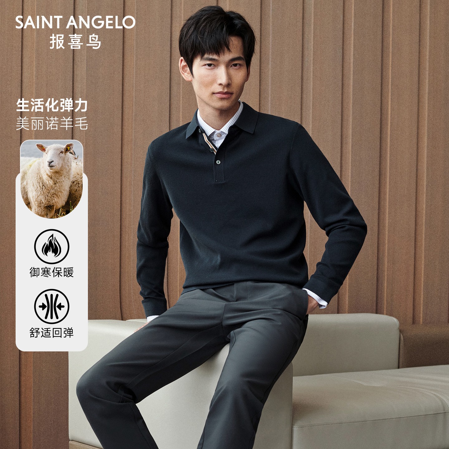 【可机洗绵羊毛】报喜鸟2024新款男士冬季商务POLO领羊毛衫长袖男