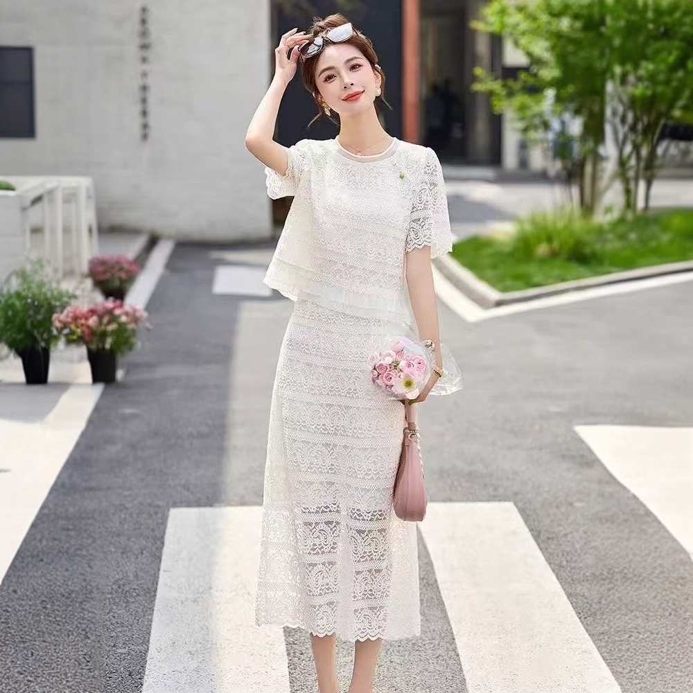 118#【裙长115】夏季休闲风镂空小香风气质千金风时尚假两件连衣裙