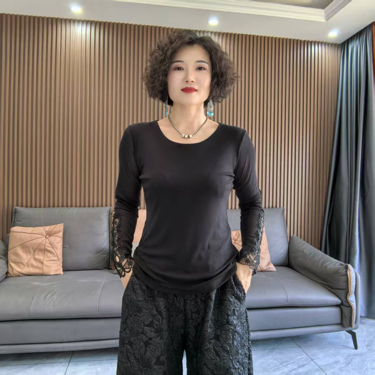 长袖拼接圆领净版百搭打底衫2391