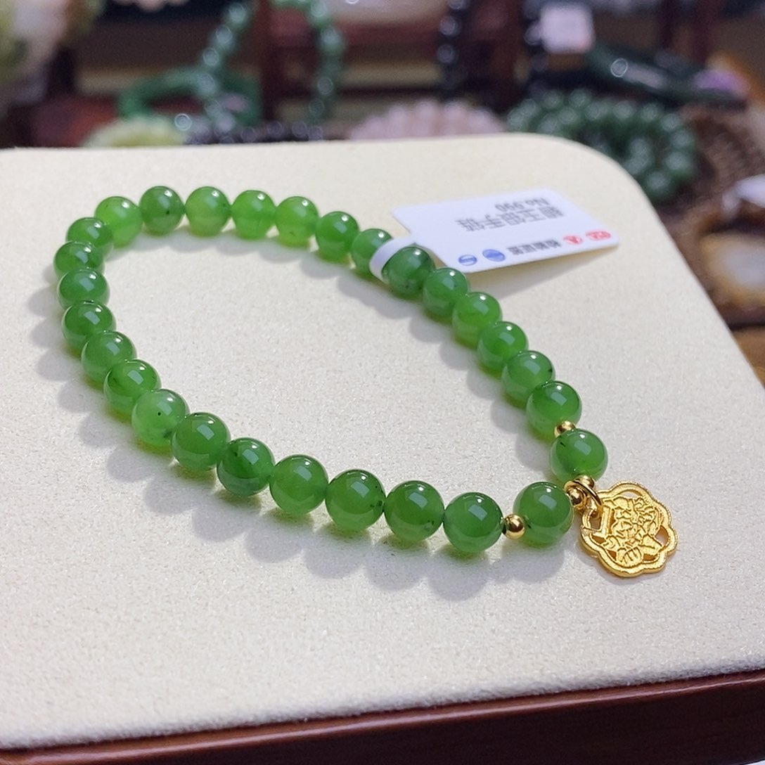 和田玉碧玉高冰老料圆珠手链6m未镶嵌雪