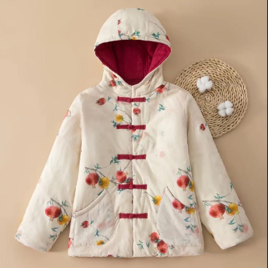 棉服棉衣女外套加绒加厚提花夹棉上衣连帽冬款盘扣