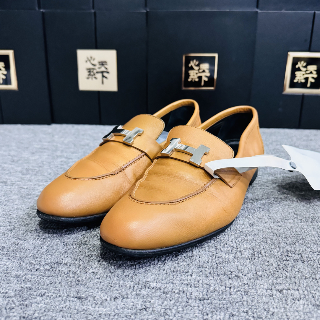 95新 Hermes/爱马仕 H棕银扣乐福鞋38.5码ysc3865