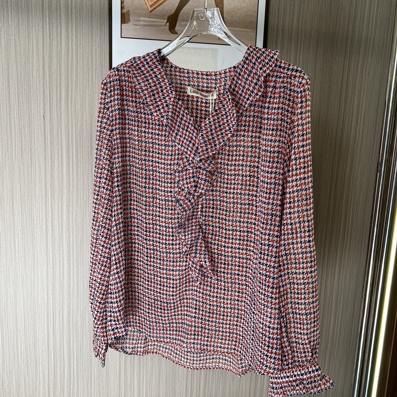 3148撤柜LD荷叶气质时尚上衣长袖格子衬衫宽松新款显瘦衬衣