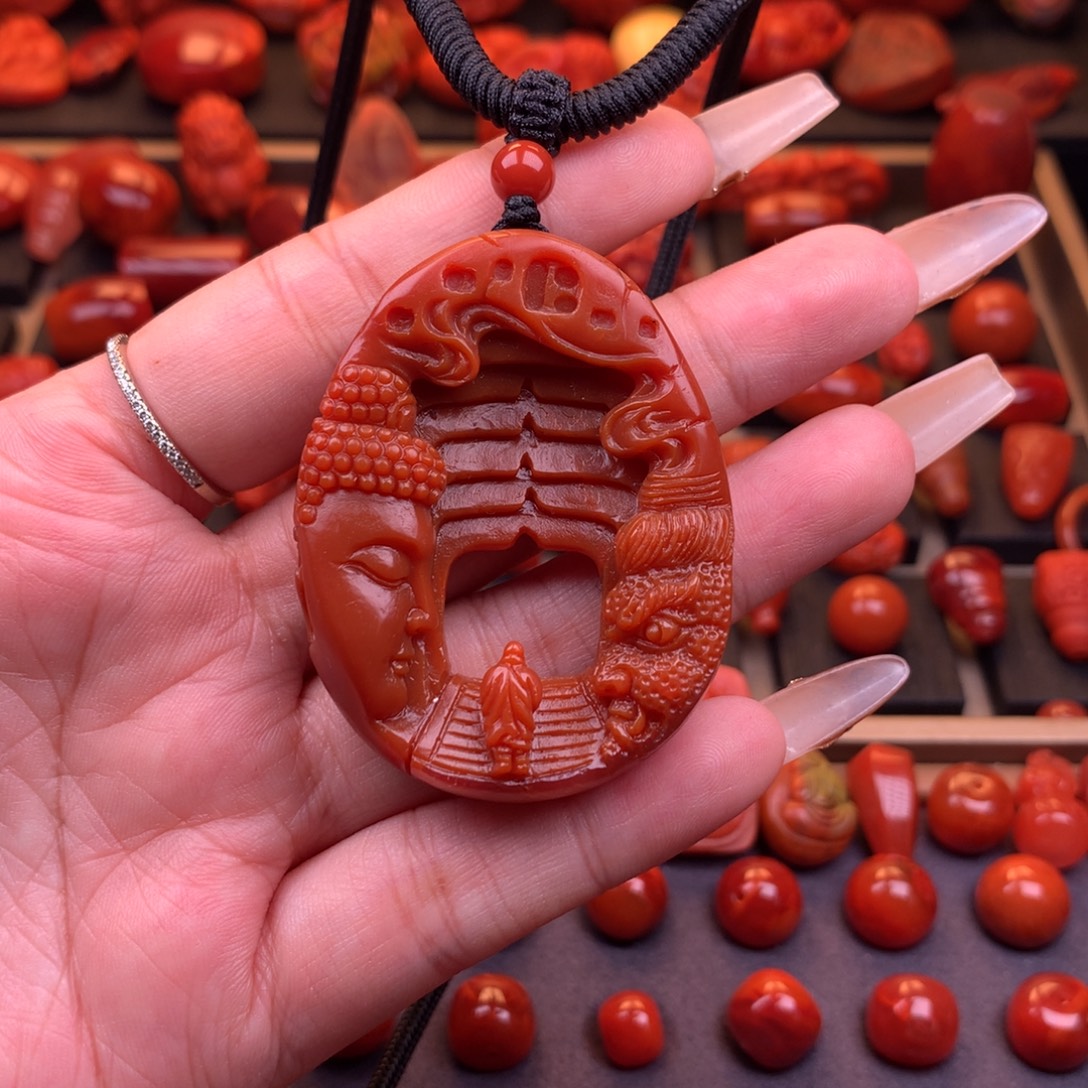 南红玛瑙未镶嵌原矿一念佛魔吊坠41.6mm