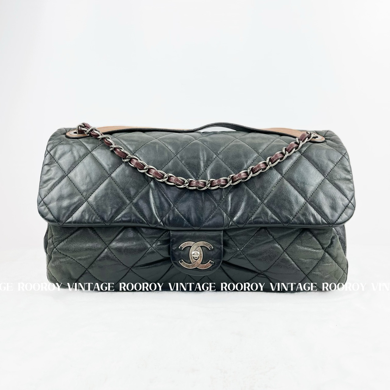 95新 Chanel/香奈儿 机场包 墨绿色拼黑色 银扣 单肩/8669