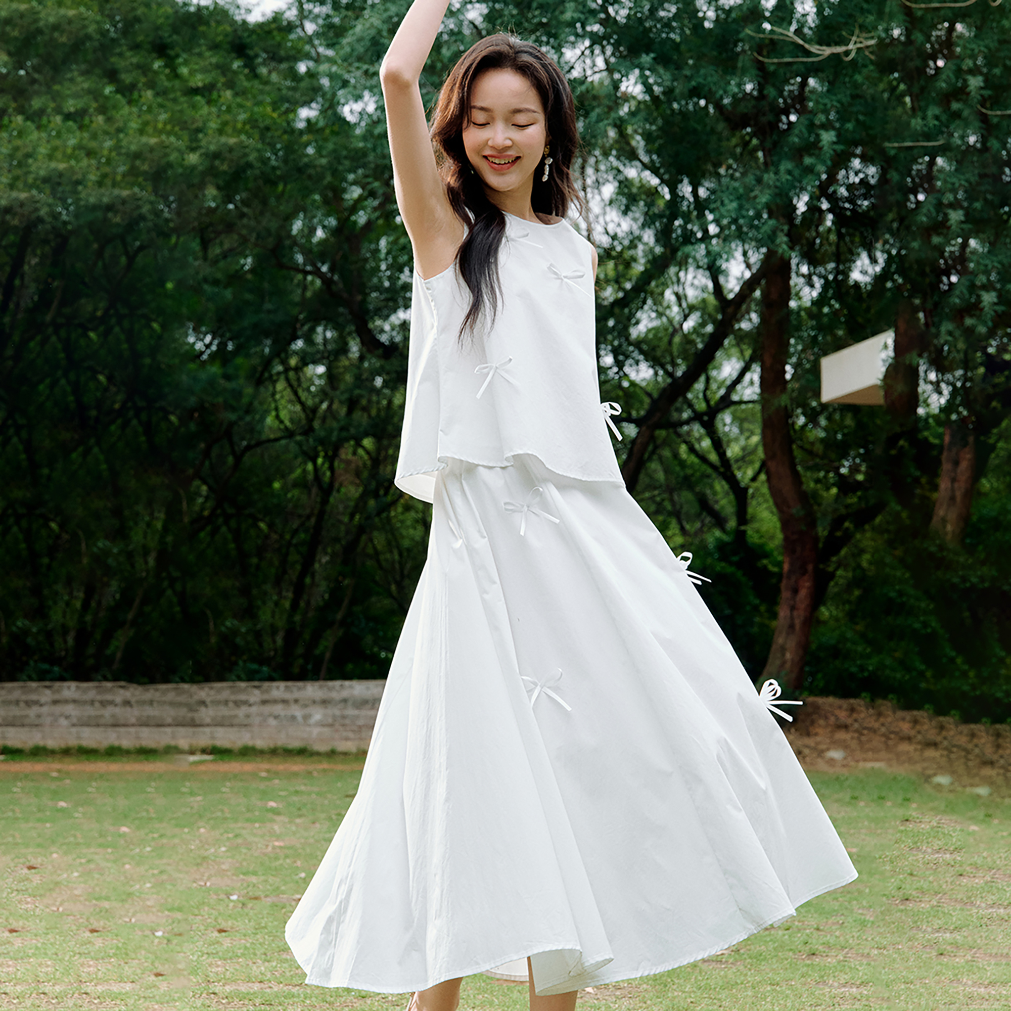 【茵曼服装】茵曼温柔蝴蝶结背心衬衣套装a字半身裙W18528161