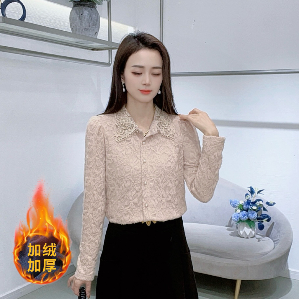 A9187法式时尚蕾丝打底衫冬季新款修身显瘦百搭翻领长袖上衣
