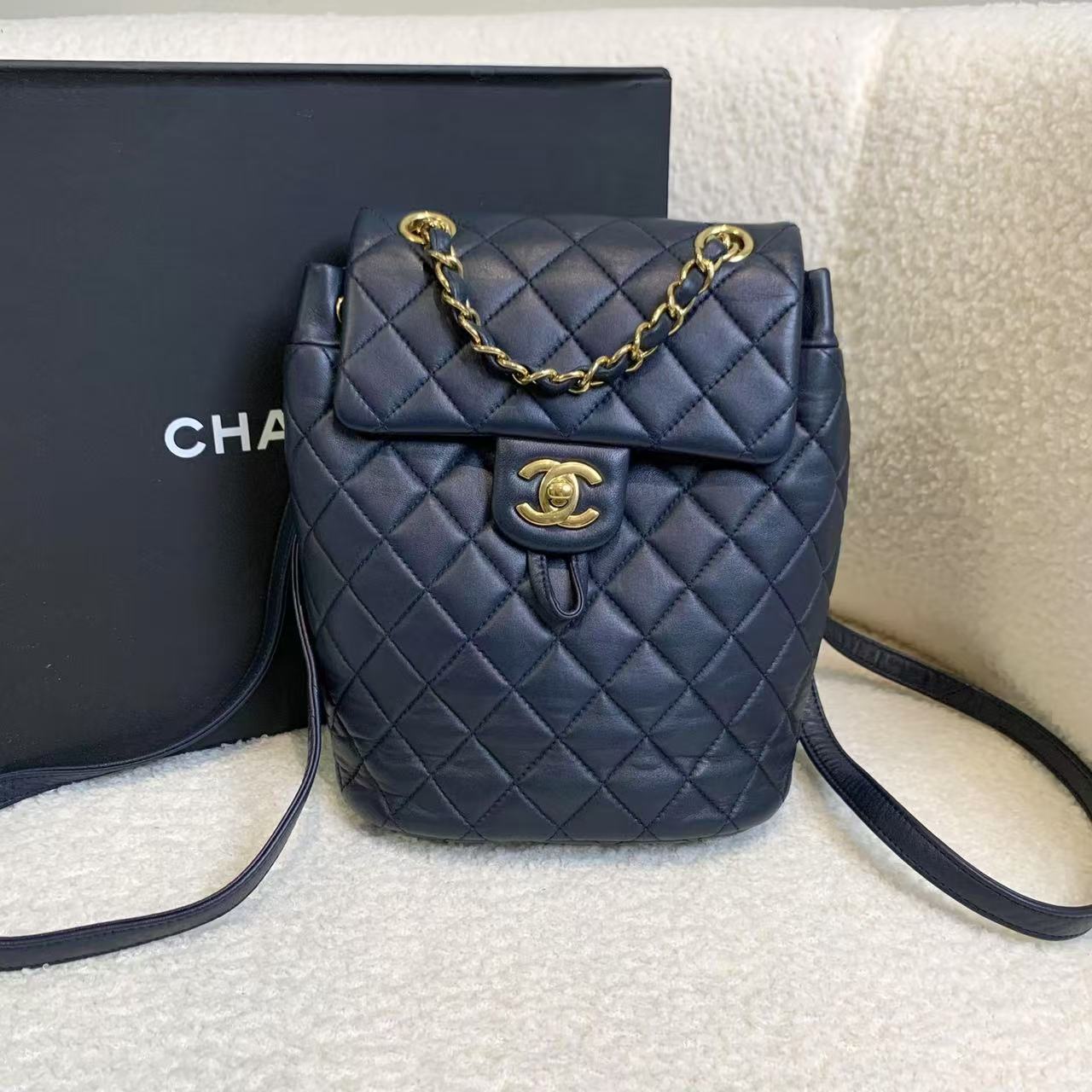 99新 Chanel/香奈儿 壹臻/海军蓝萨尔茨堡双肩包小号/92184853