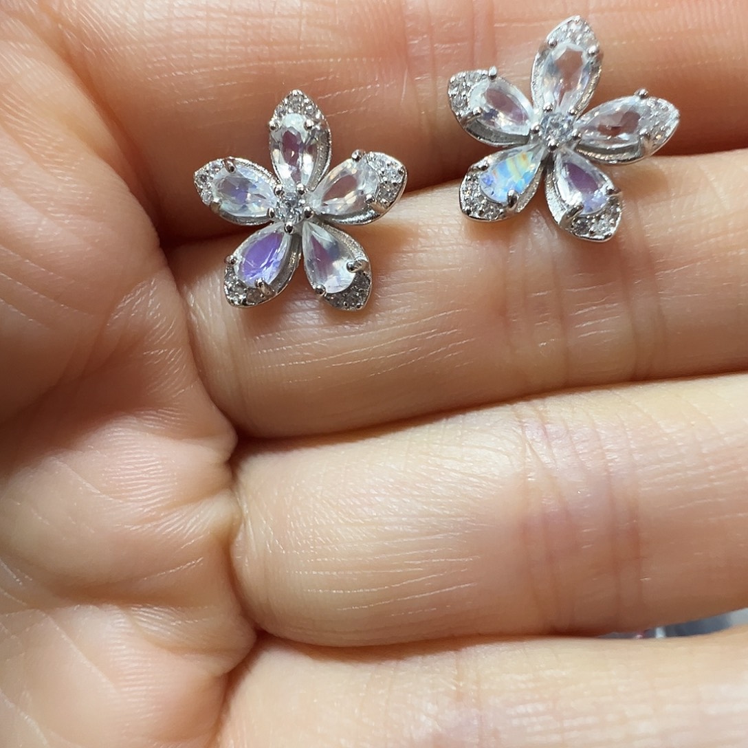 月光石耳钉银S925镶嵌