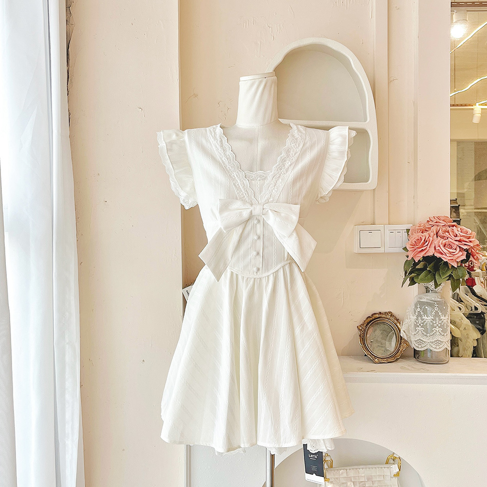 LHTE青青大码女装 法式小飞袖甜美纯欲风小飞袖蝴蝶结连衣裙L0613
